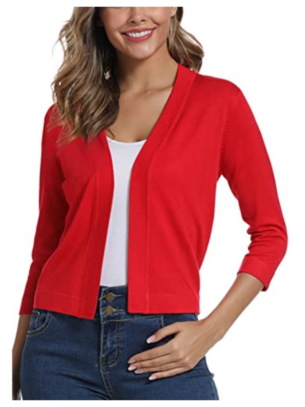 3/4 Sleeve Cropped Cardigan Sweater Open Front Bolero Shrug Viscose Polyester